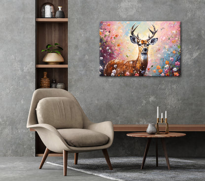 Wandbild HIRSCH IN BLUMEN 60x90 cm – Leinwandbild Keilrahmen Deko modern - Ambiente 2