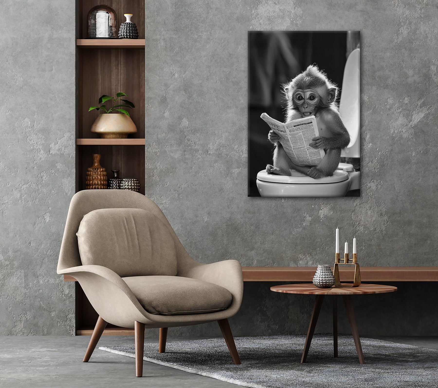 Wandbild AFFE BEIM GESCHÄFT 60x90 cm – Leinwandbild Keilrahmen Deko modern - Ambiente 2
