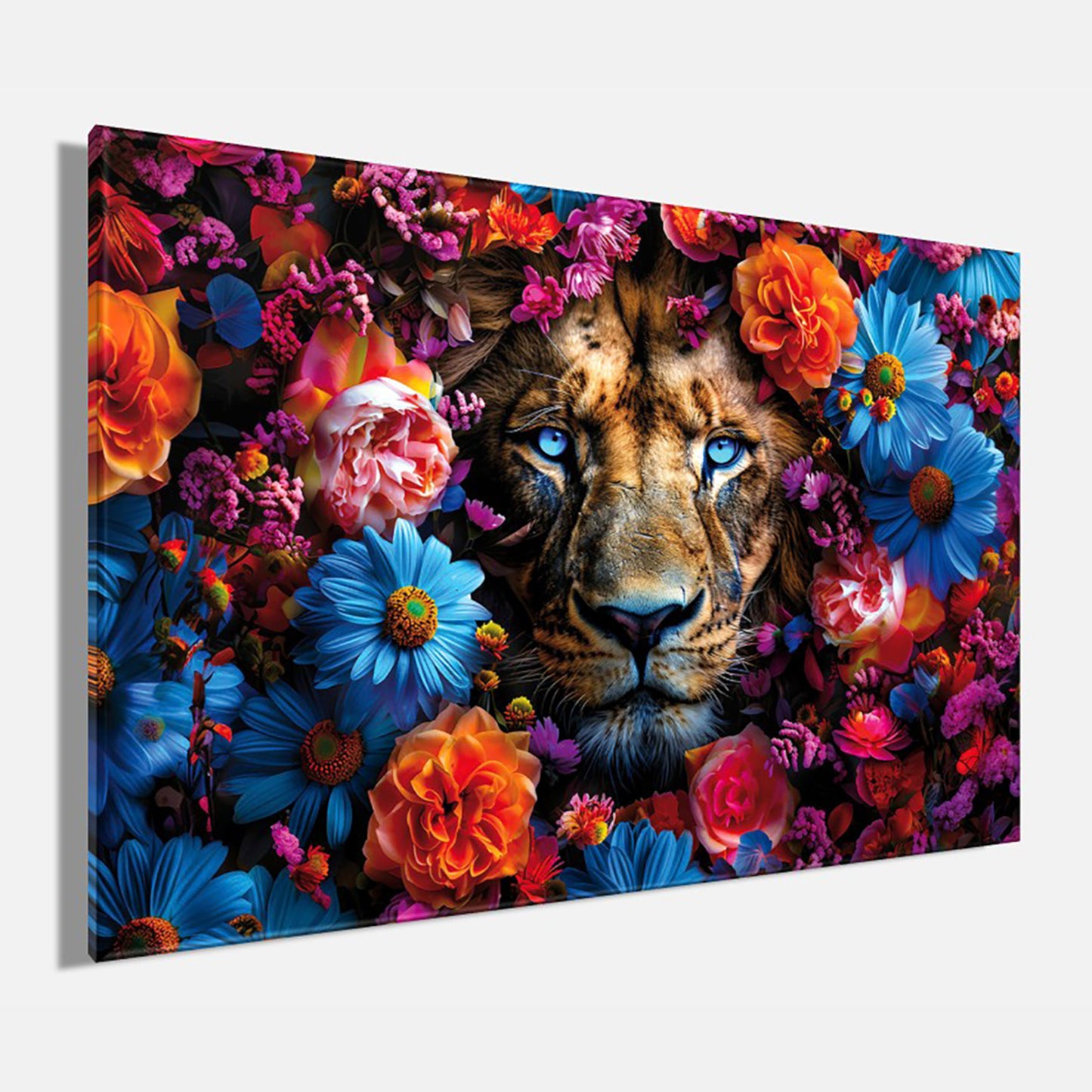 Wandbild LÖWE BLUMENKRANZ 60x90 cm – Leinwandbild Keilrahmen Deko modern - Seitenansicht