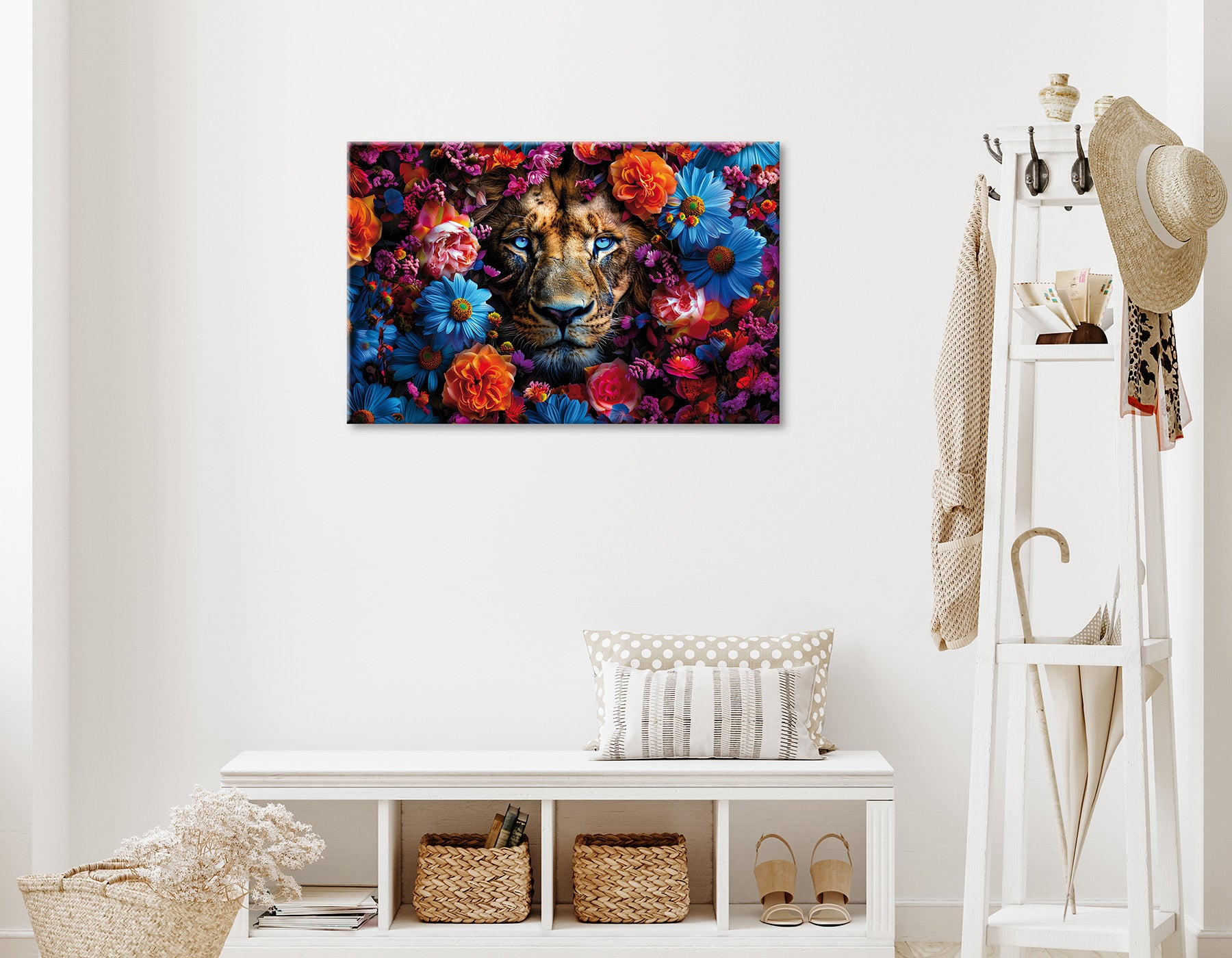Wandbild LÖWE BLUMENKRANZ 60x90 cm – Leinwandbild Keilrahmen Deko modern - Ambiente 1