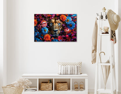 Wandbild LÖWE BLUMENKRANZ 60x90 cm – Leinwandbild Keilrahmen Deko modern - Ambiente 1