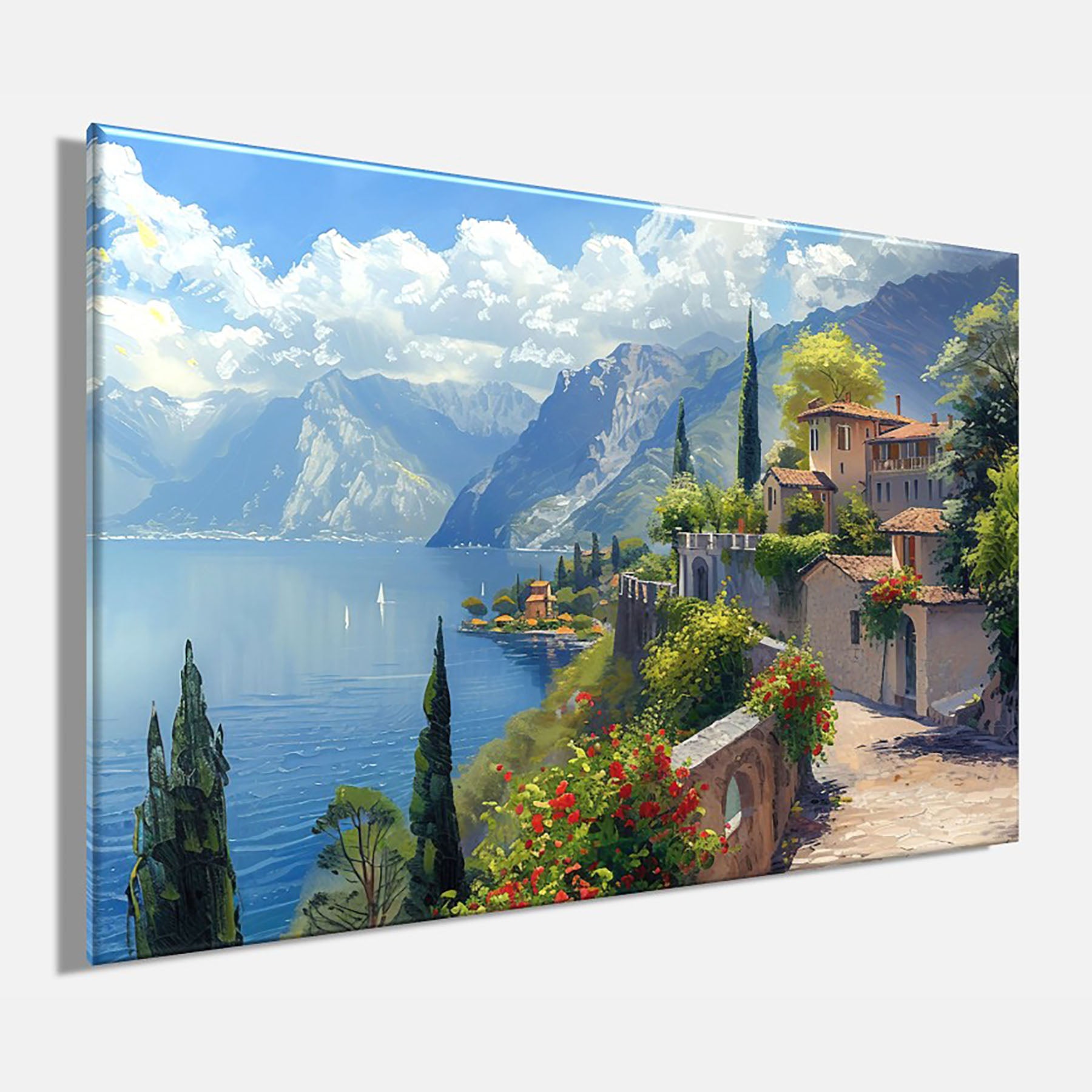 Wandbild STADT AM BERGSEE 60x90 cm – Leinwandbild Keilrahmen Deko modern - Seitenansicht