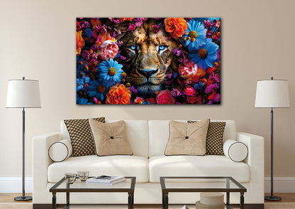 Wandbild LÖWE MIT BLUMEN XXL 90x150 cm – Leinwandbild Keilrahmen Deko modern - Ambiente 1