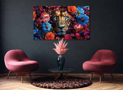 Wandbild LÖWE MIT BLUMEN XXL 90x150 cm – Leinwandbild Keilrahmen Deko modern - Ambiente 2
