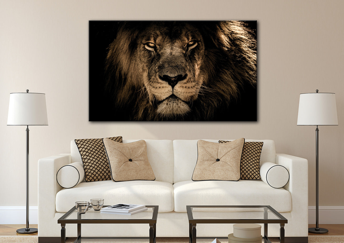 Wandbild LÖWENKOPF XXL 90x150 cm – Leinwandbild Keilrahmen Deko modern - Ambiente 1