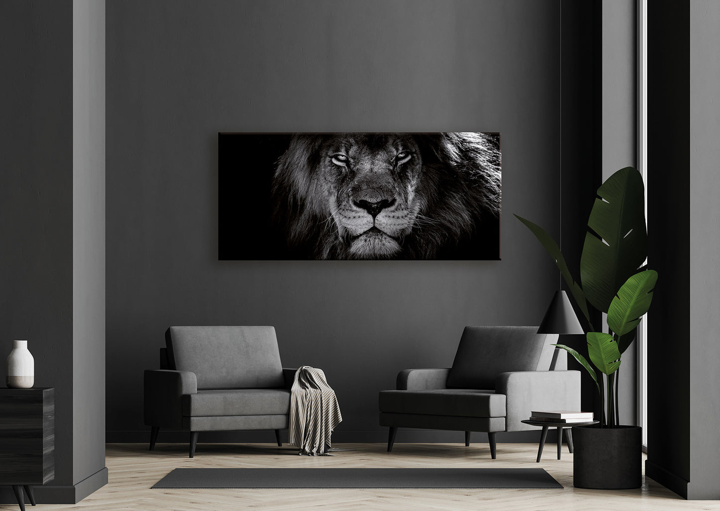 Wandbild LÖWENKOPF XXL 90x200 cm – Leinwandbild Keilrahmen Deko modern - Ambiente 1