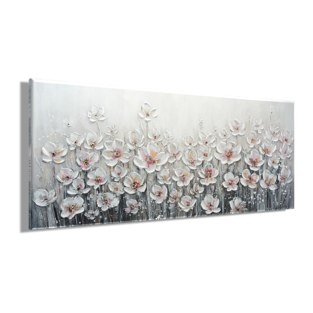 Ölgemälde handarbeit WEISSE BLUMEN XXL 60x140 cm – Wandbild Kunst Deko modern - Seitenansicht