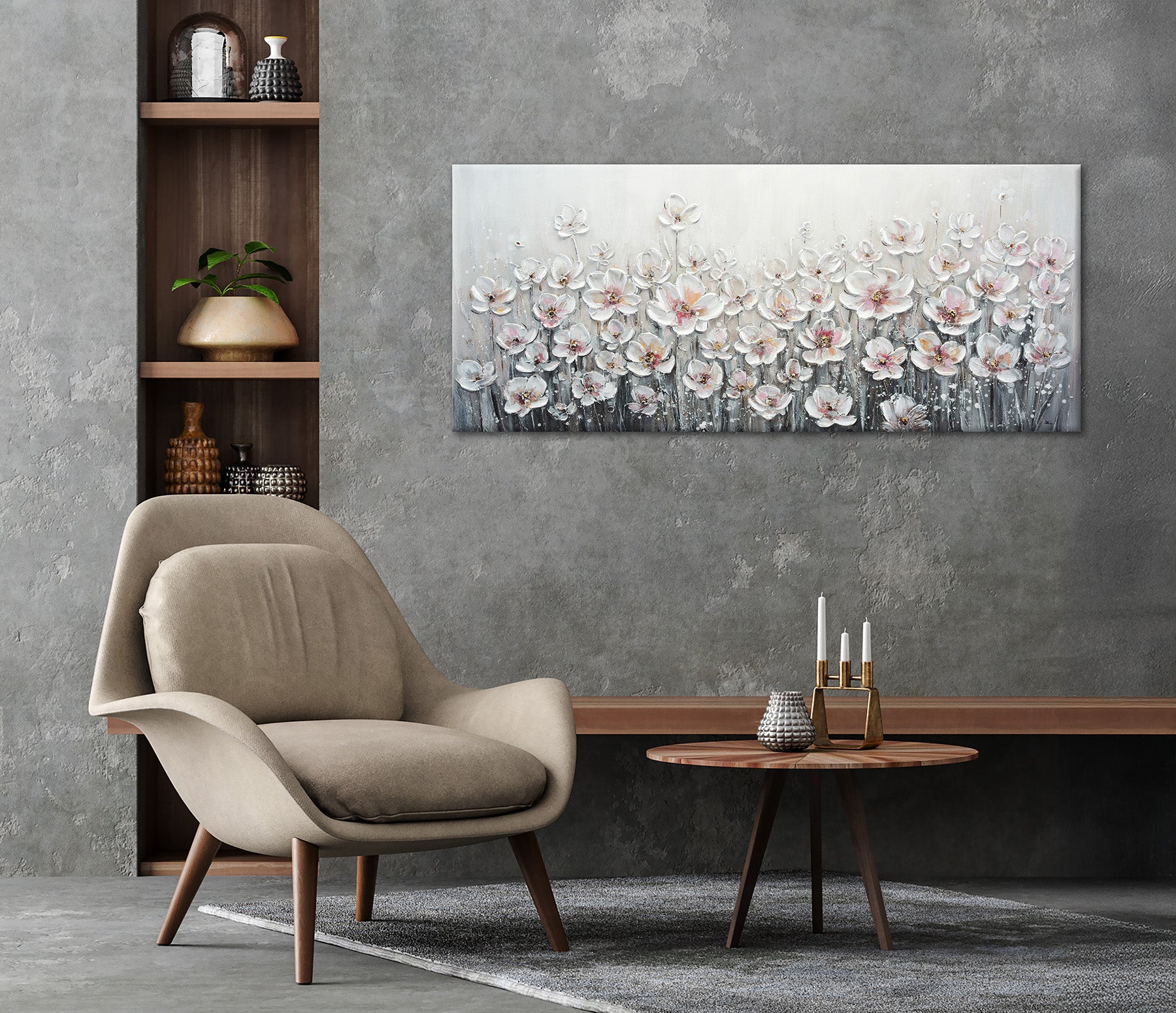 Ölgemälde handarbeit WEISSE BLUMEN XXL 60x140 cm – Wandbild Kunst Deko modern - Ambiente 2