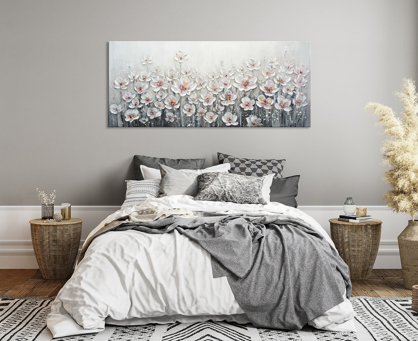 Ölgemälde handarbeit WEISSE BLUMEN XXL 60x140 cm – Wandbild Kunst Deko modern - Ambiente 3