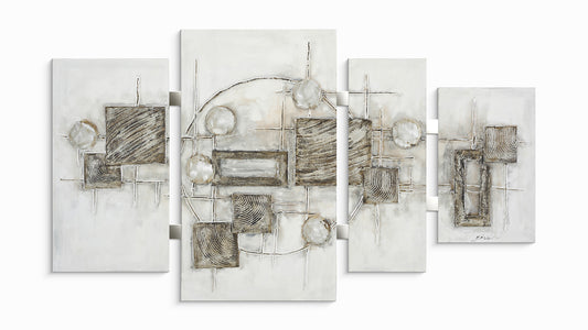 Ölgemälde handarbeit 4-teilig QUADRATE ABSTRAKT 70x124 cm – Wandbild Deko modern