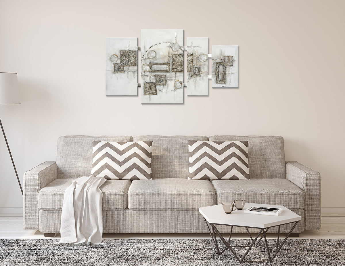 Ölgemälde handarbeit 4-teilig QUADRATE ABSTRAKT 70x124 cm – Wandbild Deko modern - Ambiente 1