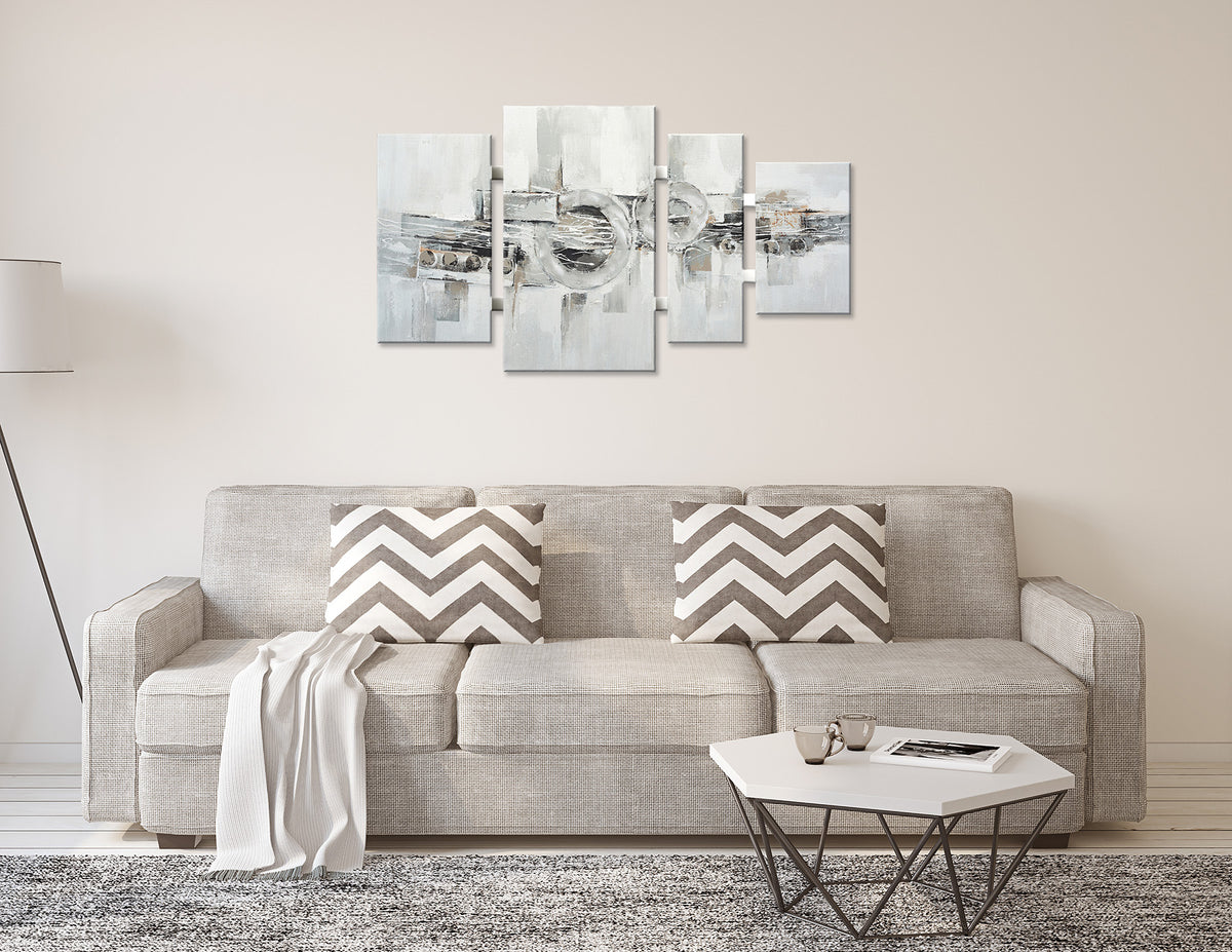 Ölgemälde handarbeit 4-teilig ABSTRAKTE KREISE 70x124 cm – Wandbild Deko modern - Ambiente 1