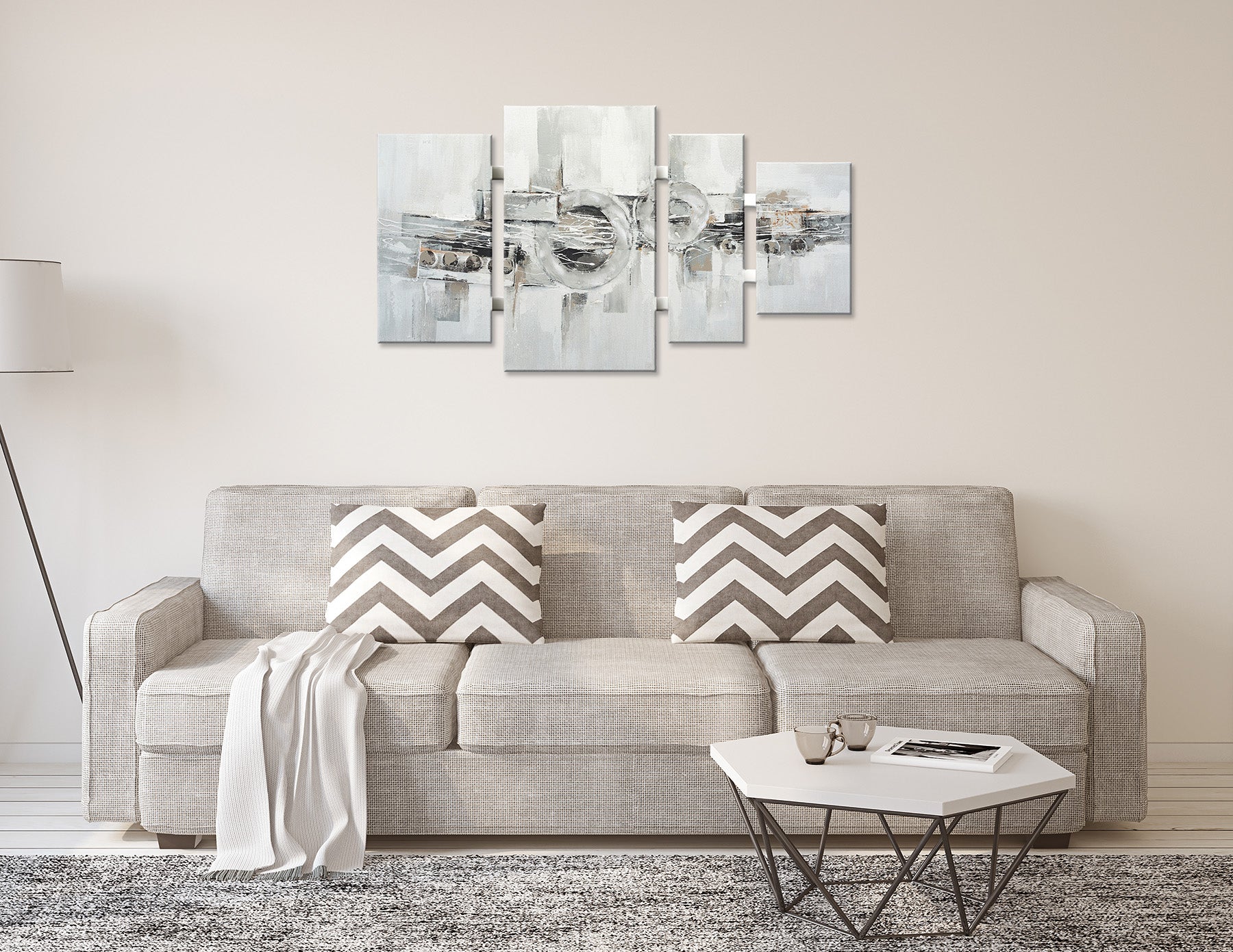 Ölgemälde handarbeit 4-teilig ABSTRAKTE KREISE 70x124 cm – Wandbild Deko modern - Ambiente 1