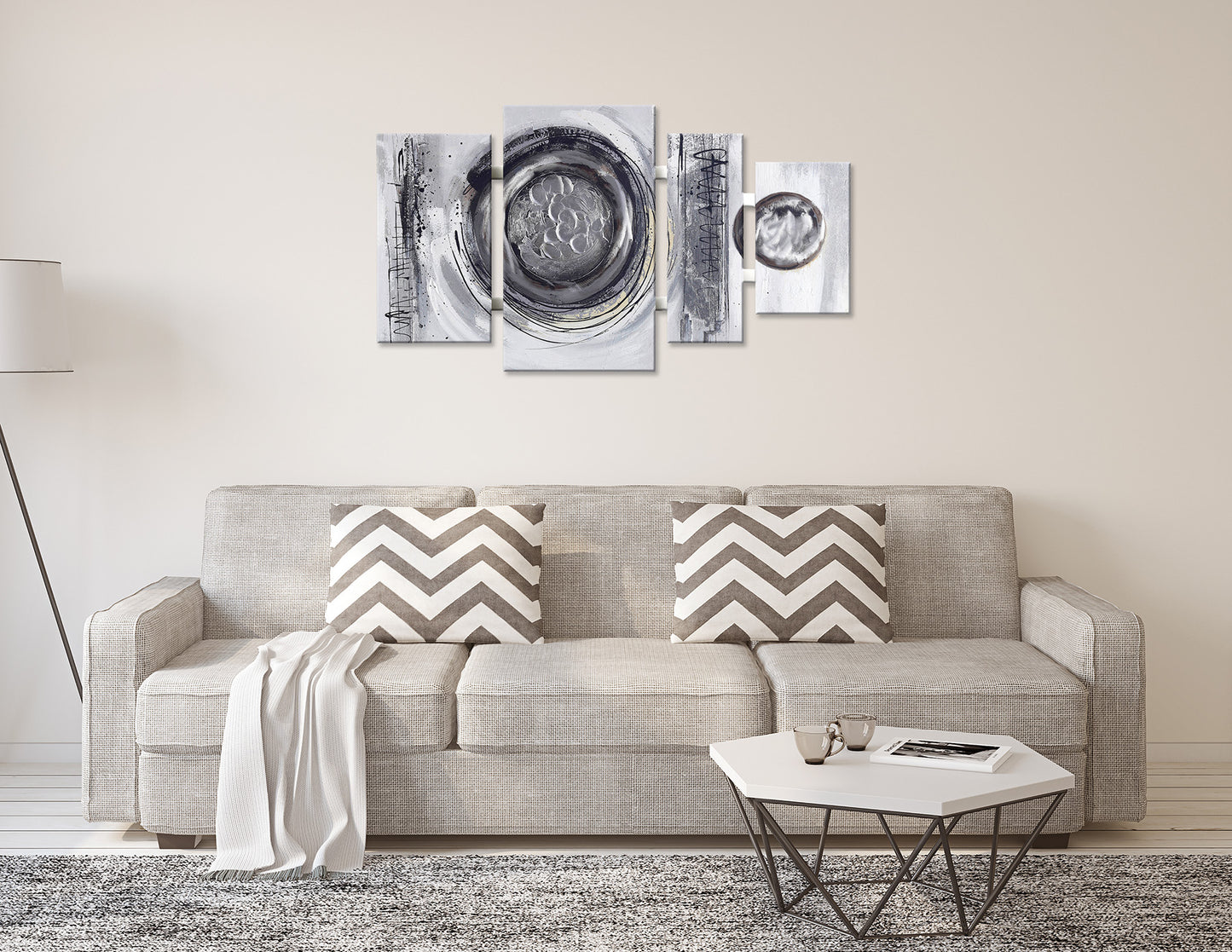 Ölgemälde handarbeit 4-teilig KREISE GRAU 70x124 cm – Wandbild Deko modern - Ambiente 1