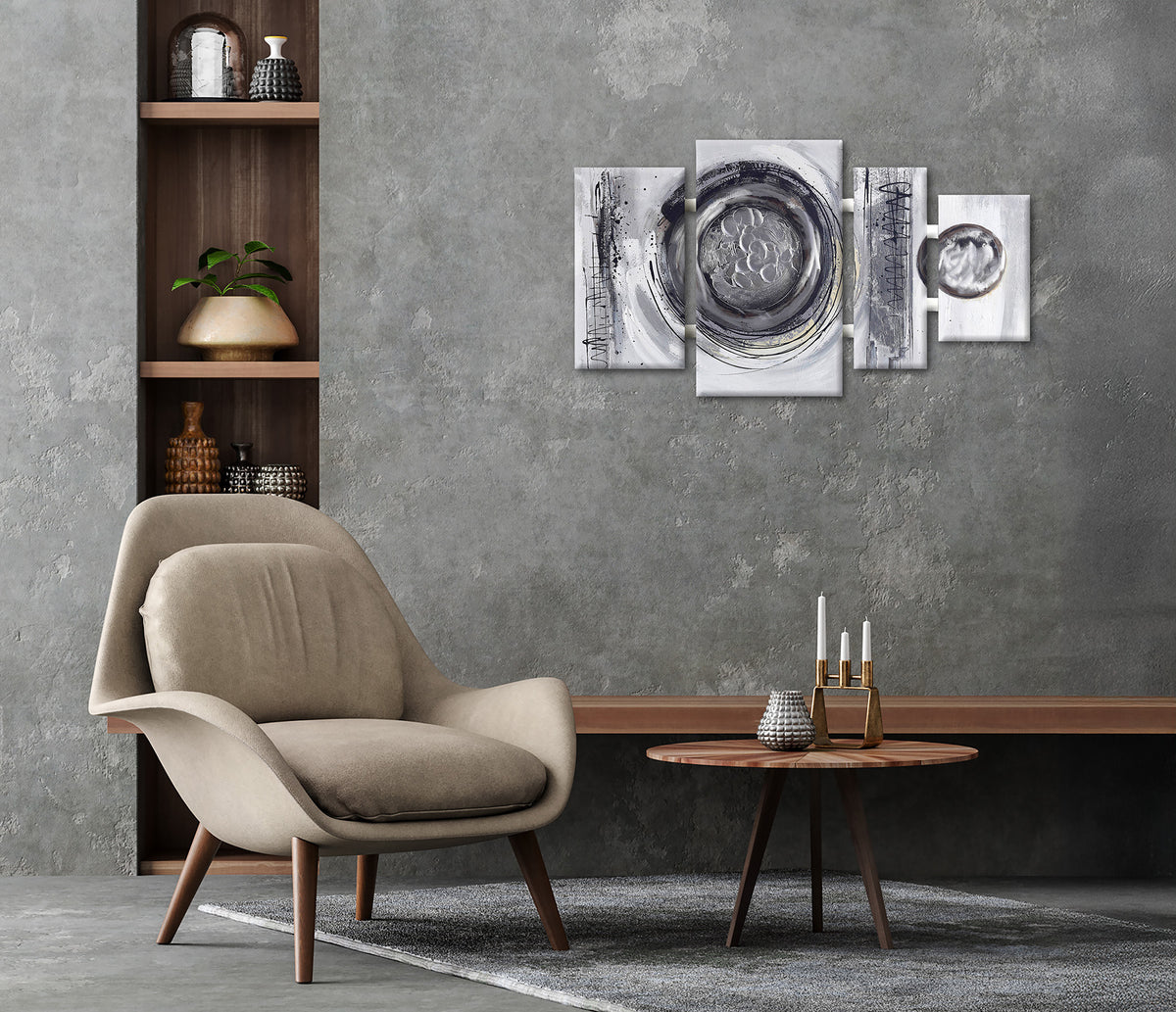 Ölgemälde handarbeit 4-teilig KREISE GRAU 70x124 cm – Wandbild Deko modern - Ambiente 2