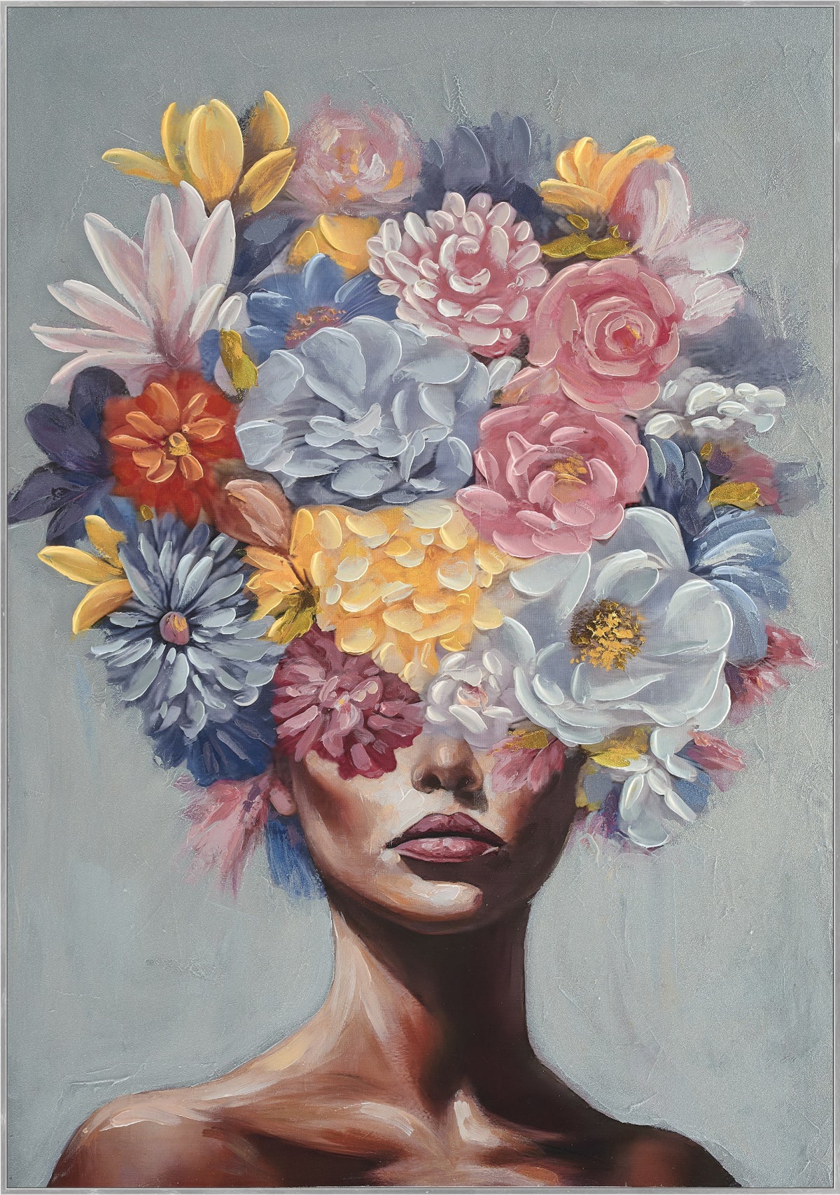 Ölgemälde handarbeit gerahmt FRAU MIT BLUMEN 60x90 cm – Wandbild Deko modern
