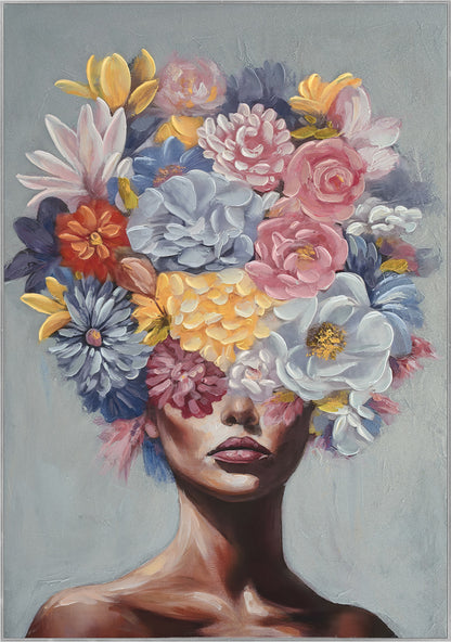 Ölgemälde handarbeit gerahmt FRAU MIT BLUMEN 60x90 cm – Wandbild Deko modern