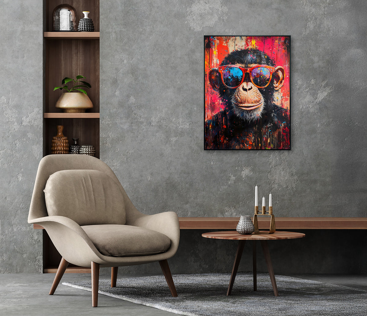 Ölgemälde handarbeit gerahmt SCHIMPANSE 60x90 cm – Wandbild Pop Art bunt - Ambiente 1