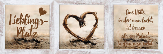 3er-Set gerahmte Bilder LIEBLINGSPLATZ 3x23x23 cm – Wanddeko modern