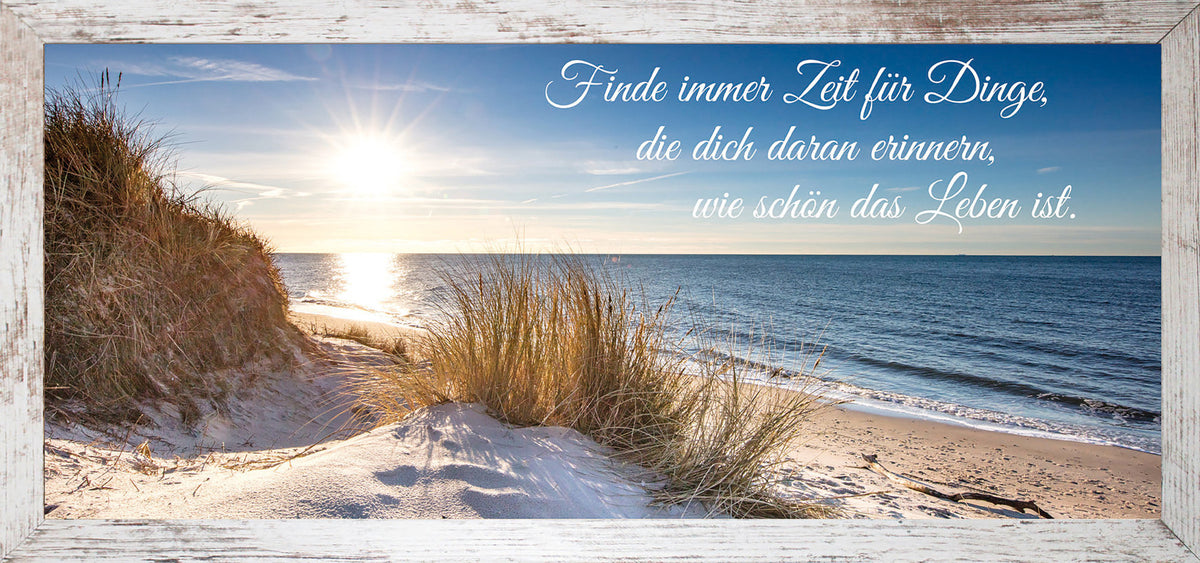 Wandbild gerahmt STRAND MIT SPRUCH ZEIT 23x49 cm – Natur Wanddeko modern