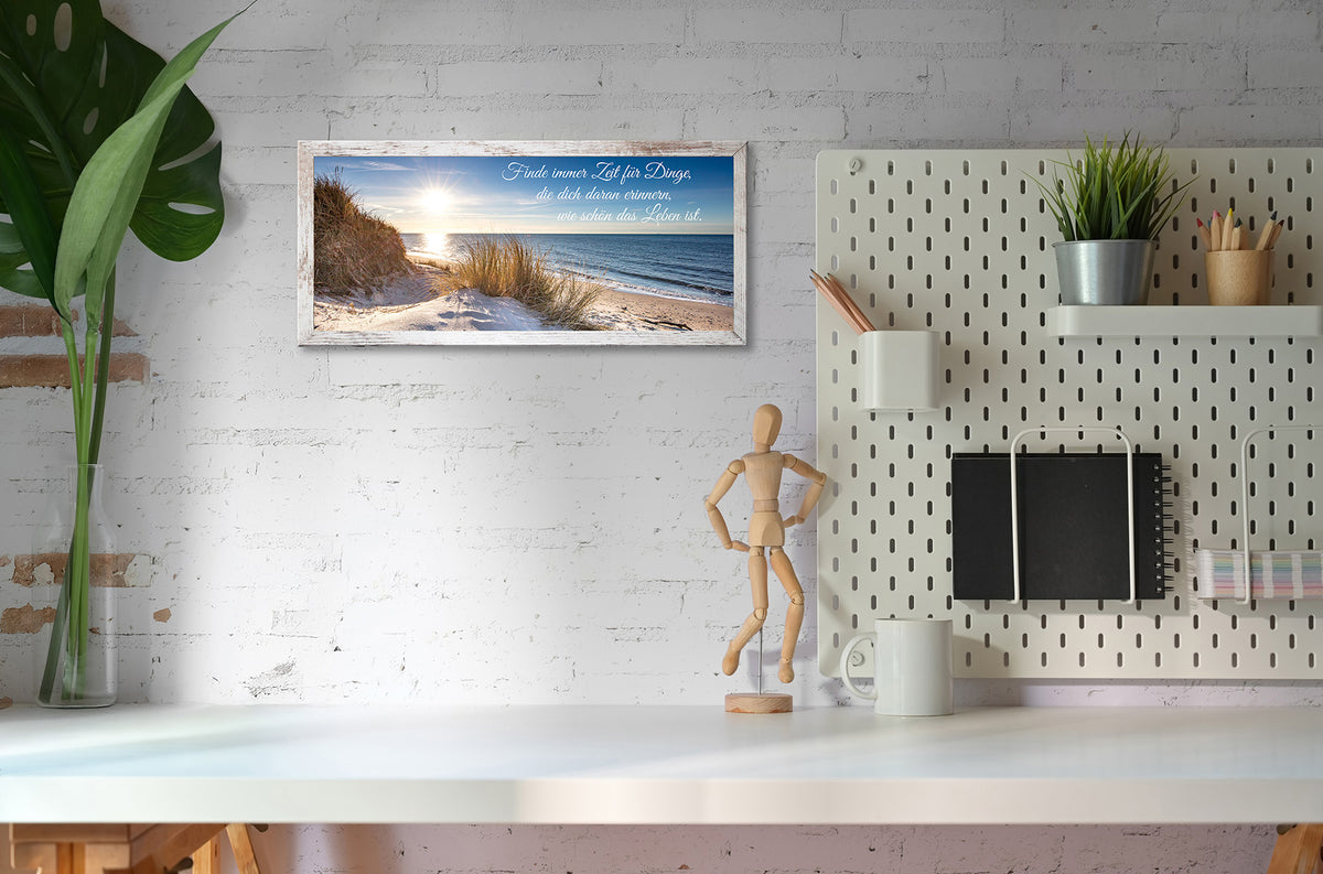 Wandbild gerahmt STRAND MIT SPRUCH ZEIT 23x49 cm – Natur Wanddeko modern - Ambiente 2