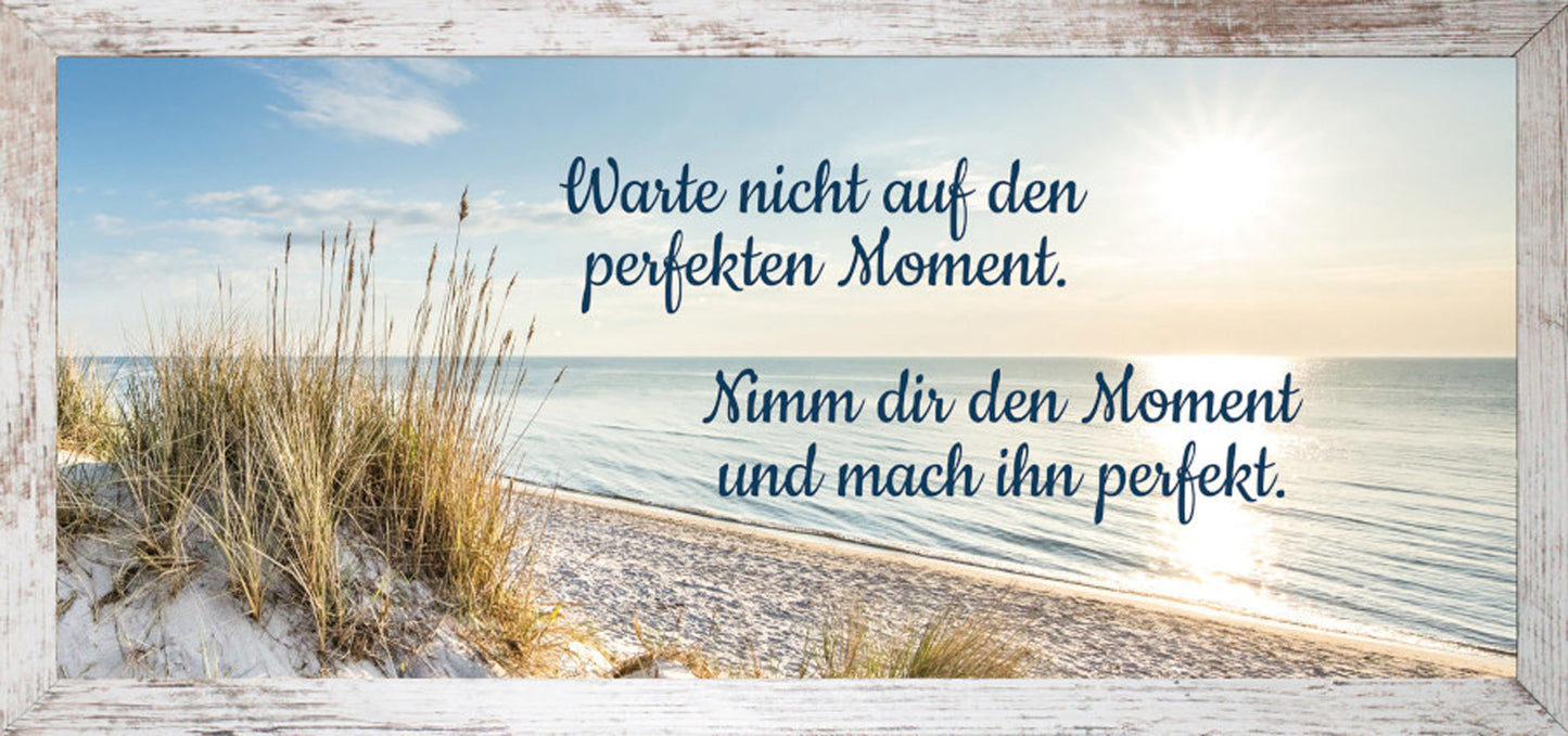 Wandbild gerahmt STRAND MIT SPRUCH MOMENT 23x49 cm – Natur Wanddeko modern