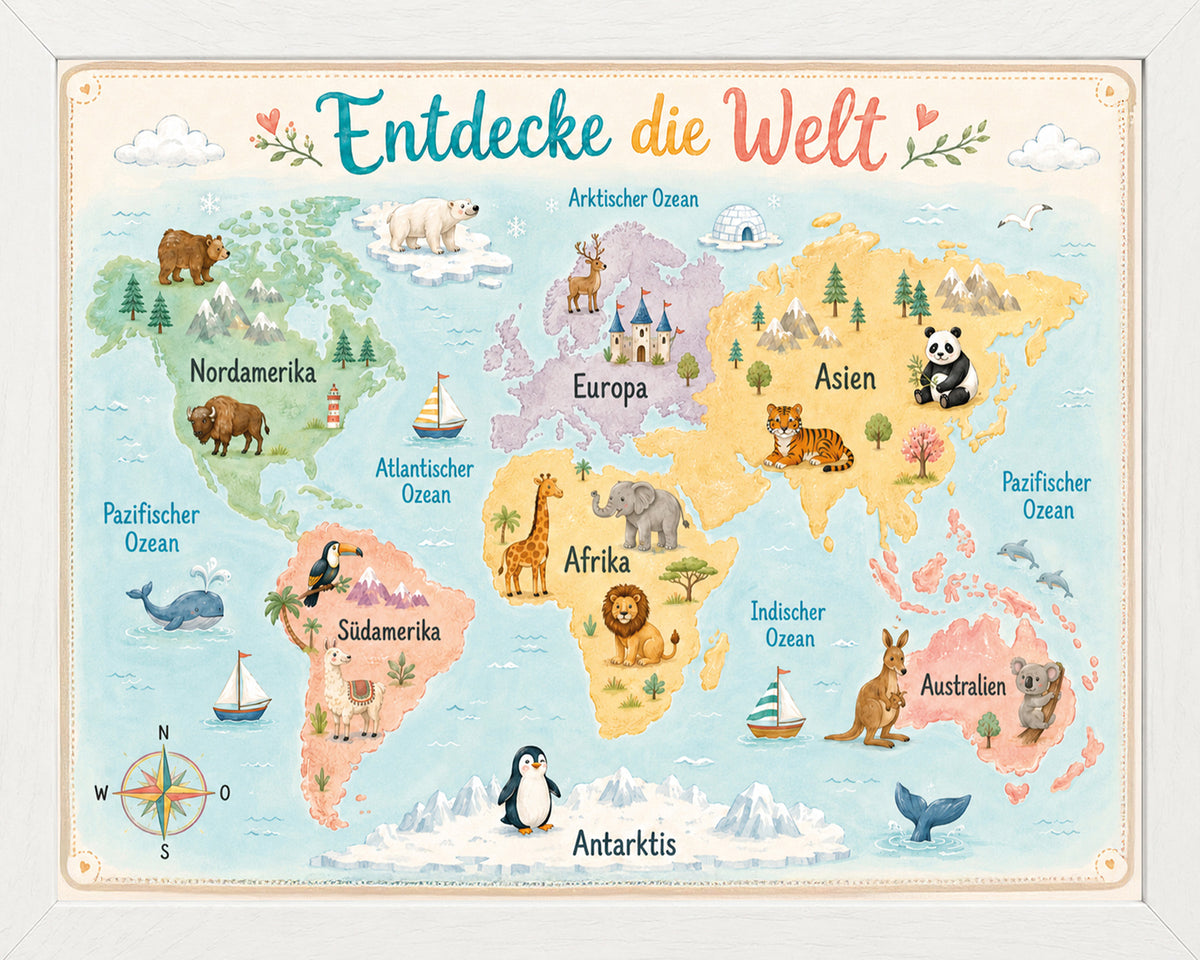Wandbild gerahmt ENTDECKE DIE WELT 30x40 cm - Kindermotiv