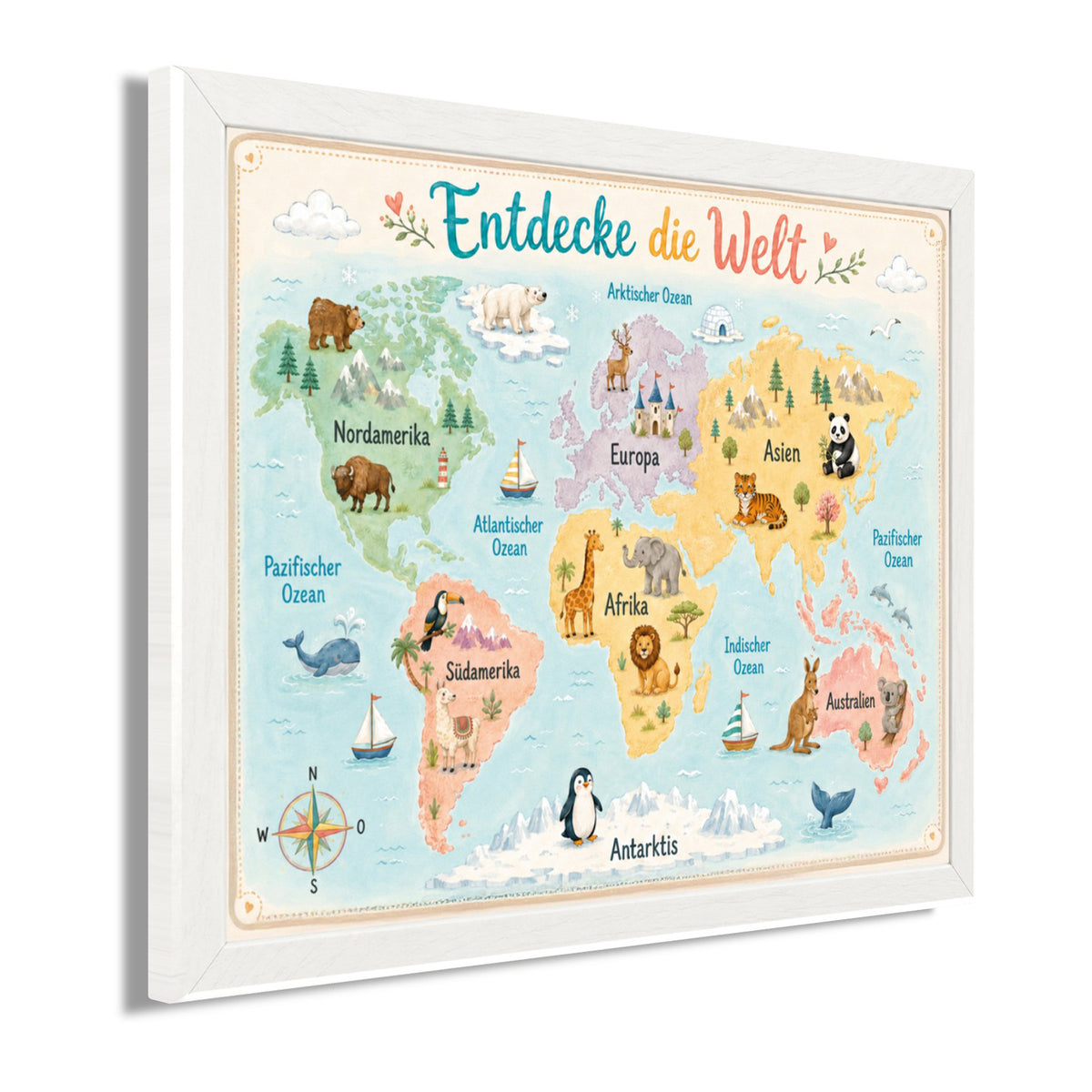 Wandbild gerahmt ENTDECKE DIE WELT 30x40 cm - Kindermotiv - Seitenansicht
