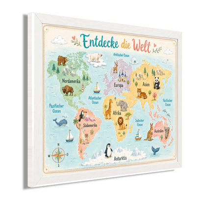 Wandbild gerahmt ENTDECKE DIE WELT 30x40 cm - Kindermotiv - Seitenansicht