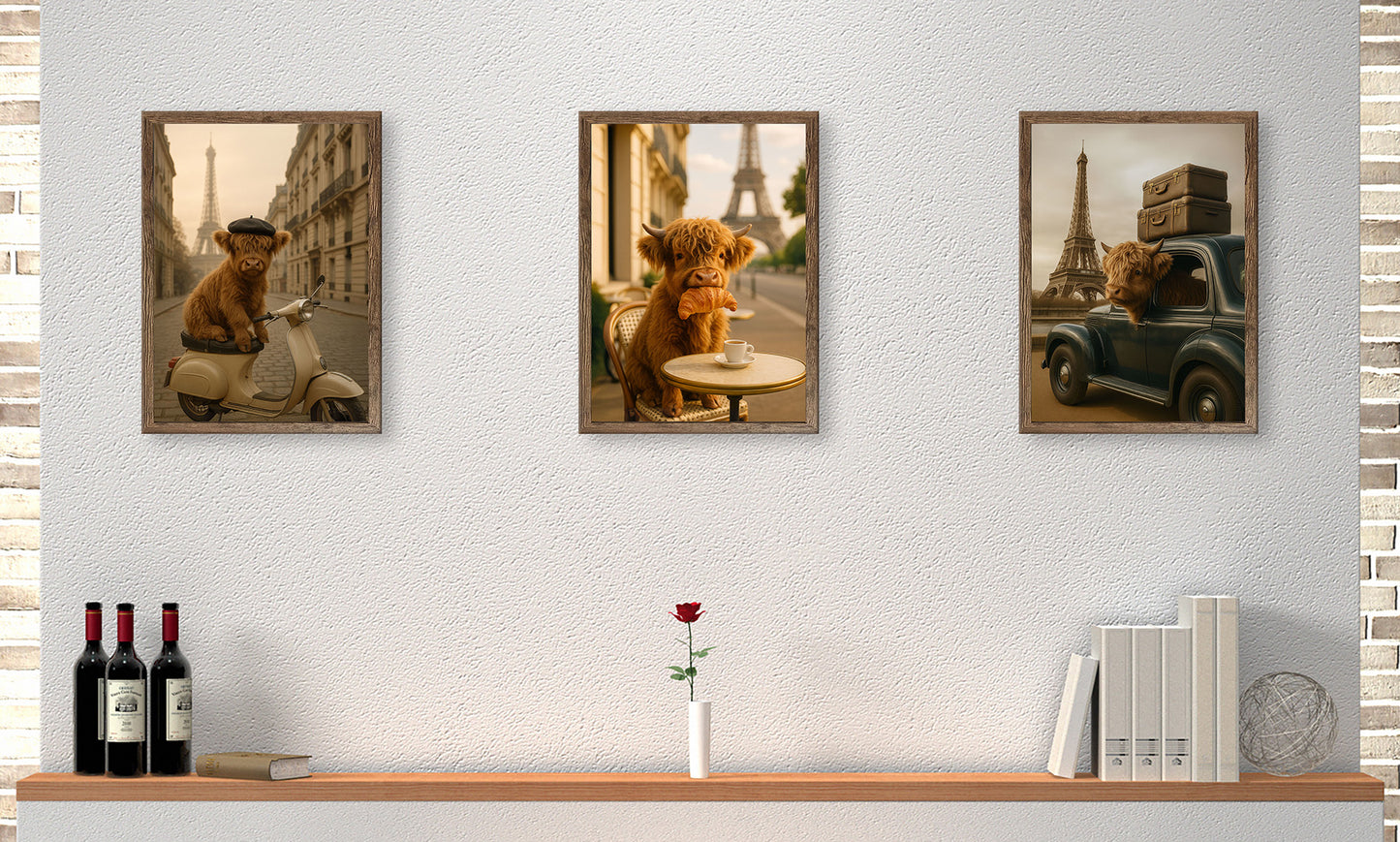3er-Set gerahmte Bilder HOCHLANDRIND PARIS 3x30x40 cm – Lustige Wanddeko - Ambiente 1