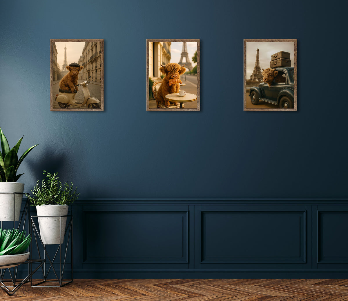 3er-Set gerahmte Bilder HOCHLANDRIND PARIS 3x30x40 cm – Lustige Wanddeko - Ambiente 2