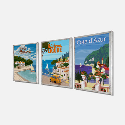 3er-Set gerahmte Bilder URLAUB REISE 3x30x40 cm – Retro Wanddeko bunt - Seitenansicht