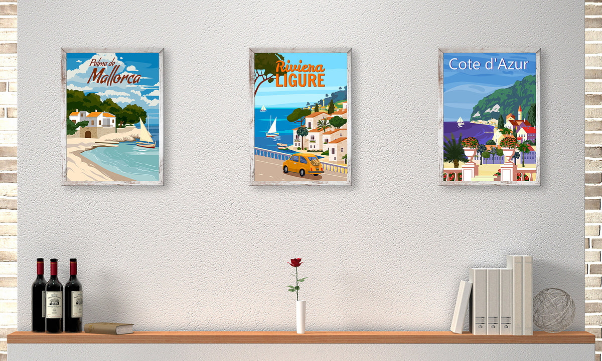 3er-Set gerahmte Bilder URLAUB REISE 3x30x40 cm – Retro Wanddeko bunt - Ambiente 1