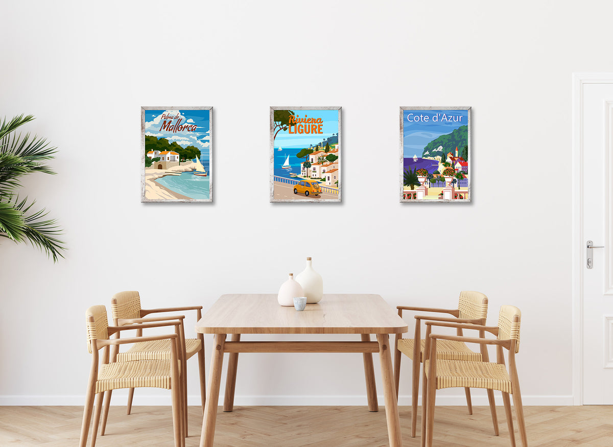 3er-Set gerahmte Bilder URLAUB REISE 3x30x40 cm – Retro Wanddeko bunt - Ambiente 3