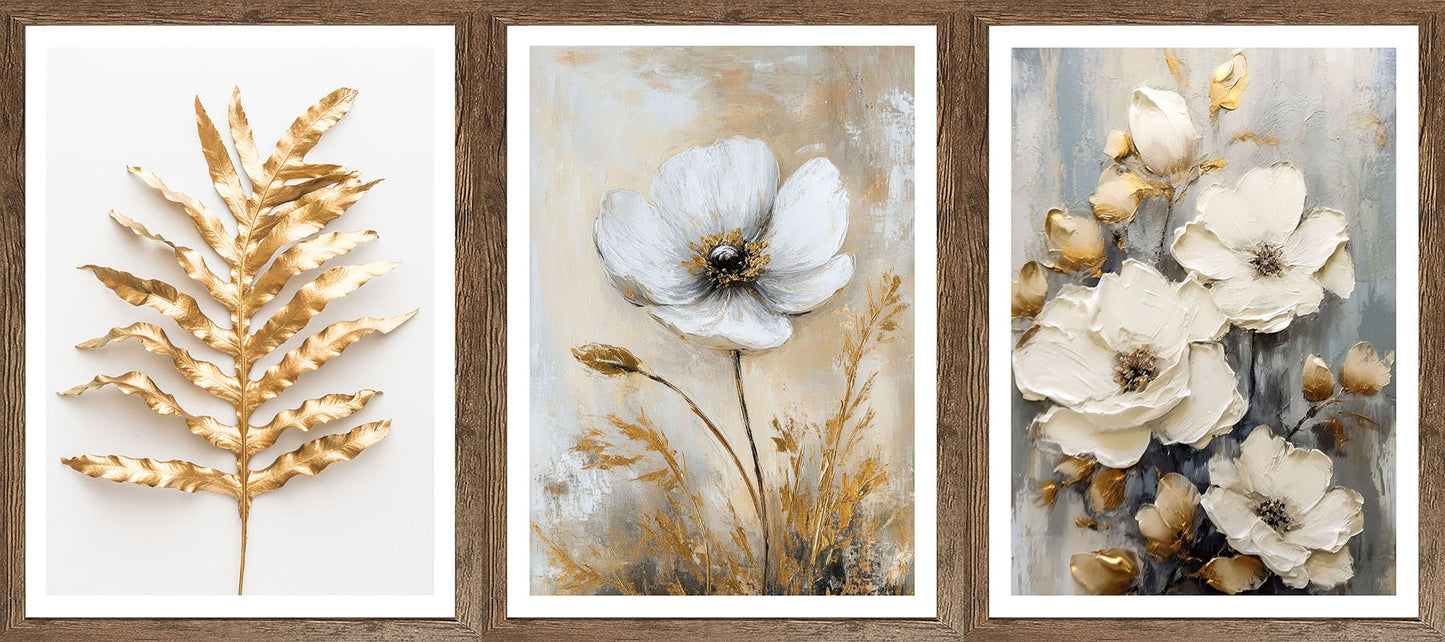 3er-Set gerahmte Bilder BLUMEN GOLD 3x30x40 cm – Elegante Wanddeko