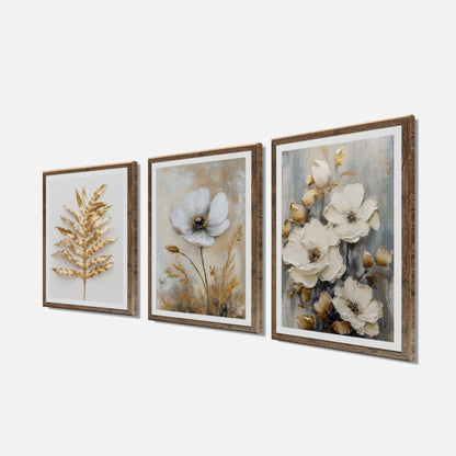 3er-Set gerahmte Bilder BLUMEN GOLD 3x30x40 cm – Elegante Wanddeko - Seitenansicht