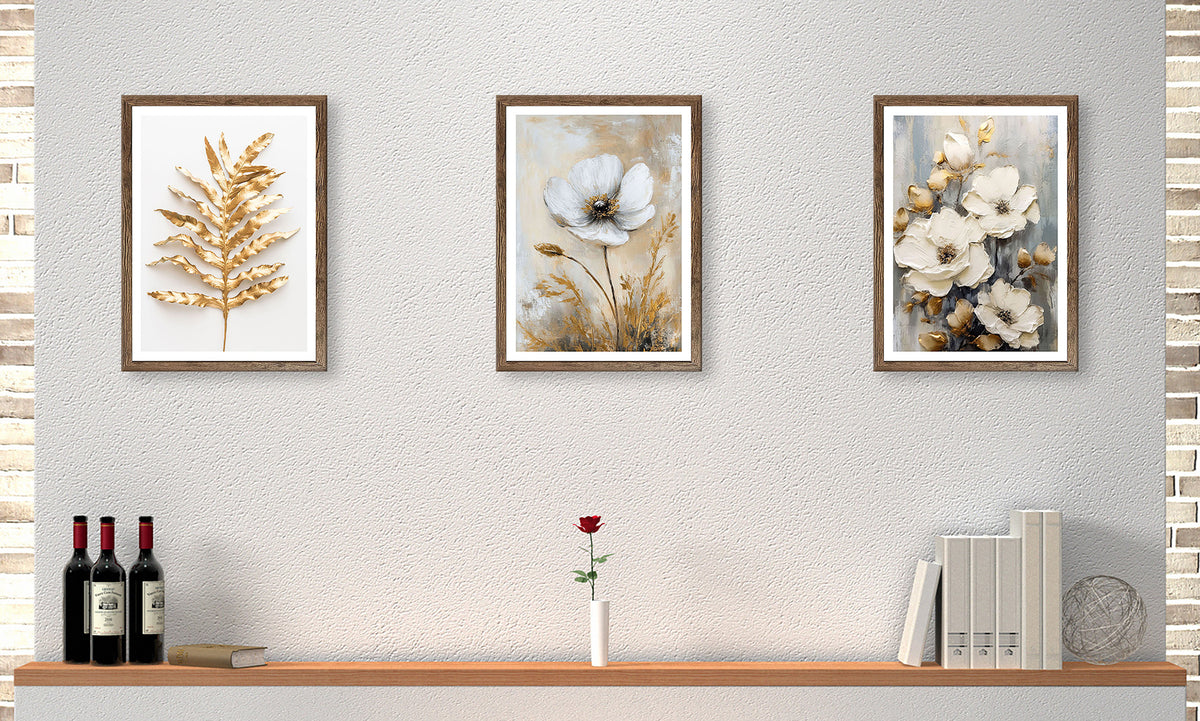 3er-Set gerahmte Bilder BLUMEN GOLD 3x30x40 cm – Elegante Wanddeko - Ambiente 1