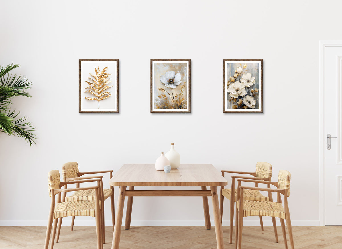 3er-Set gerahmte Bilder BLUMEN GOLD 3x30x40 cm – Elegante Wanddeko - Ambiente 3