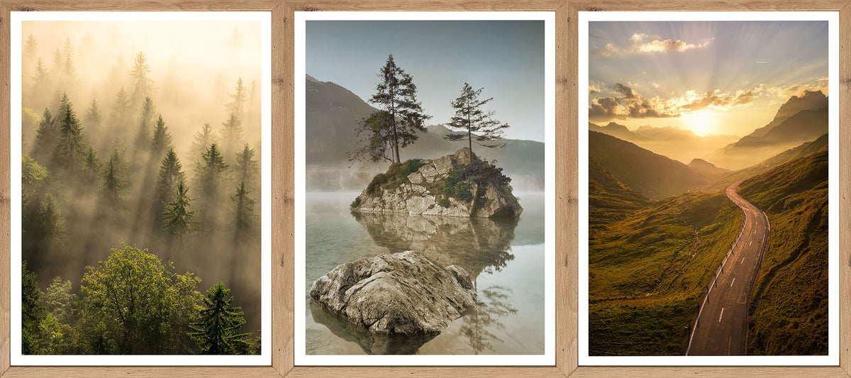 3er-Set gerahmte Bilder LANDSCHAFT BERGE 3x30x40 cm – Natur Wandbilder