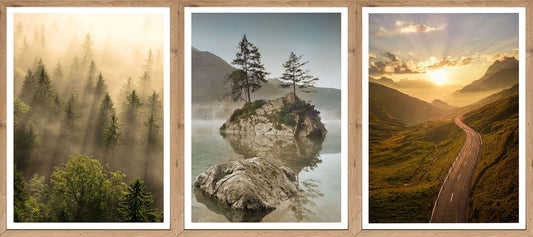 3er-Set gerahmte Bilder LANDSCHAFT BERGE 3x30x40 cm – Natur Wandbilder