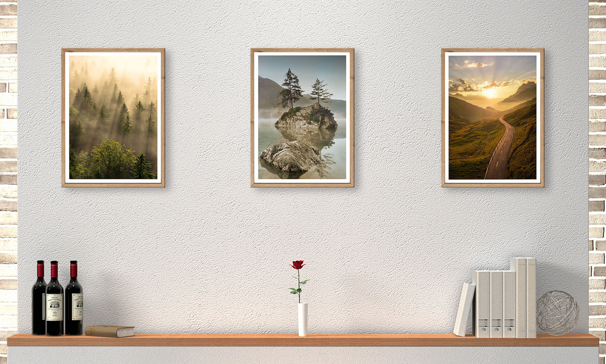 3er-Set gerahmte Bilder LANDSCHAFT BERGE 3x30x40 cm – Natur Wandbilder - Ambiente 1