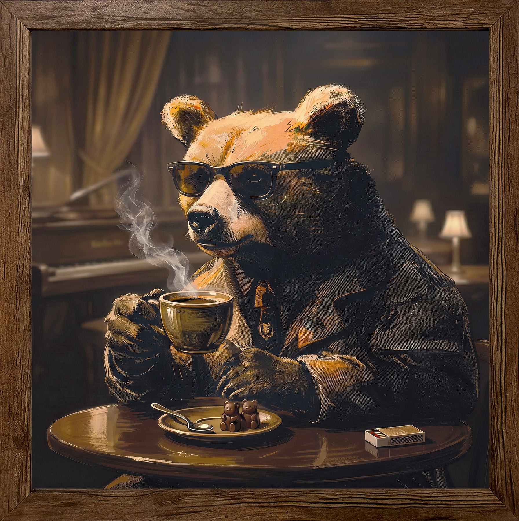 Wandbild gerahmt BÄR MIT KAFFEE 35x35 cm – Tierbild Natur Wanddeko