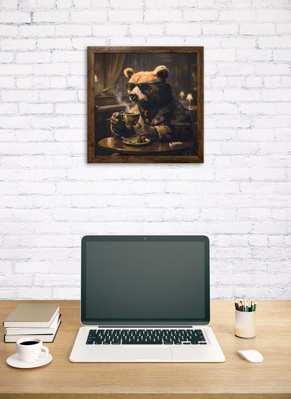 Wandbild gerahmt BÄR MIT KAFFEE 35x35 cm – Tierbild Natur Wanddeko - Ambiente 1