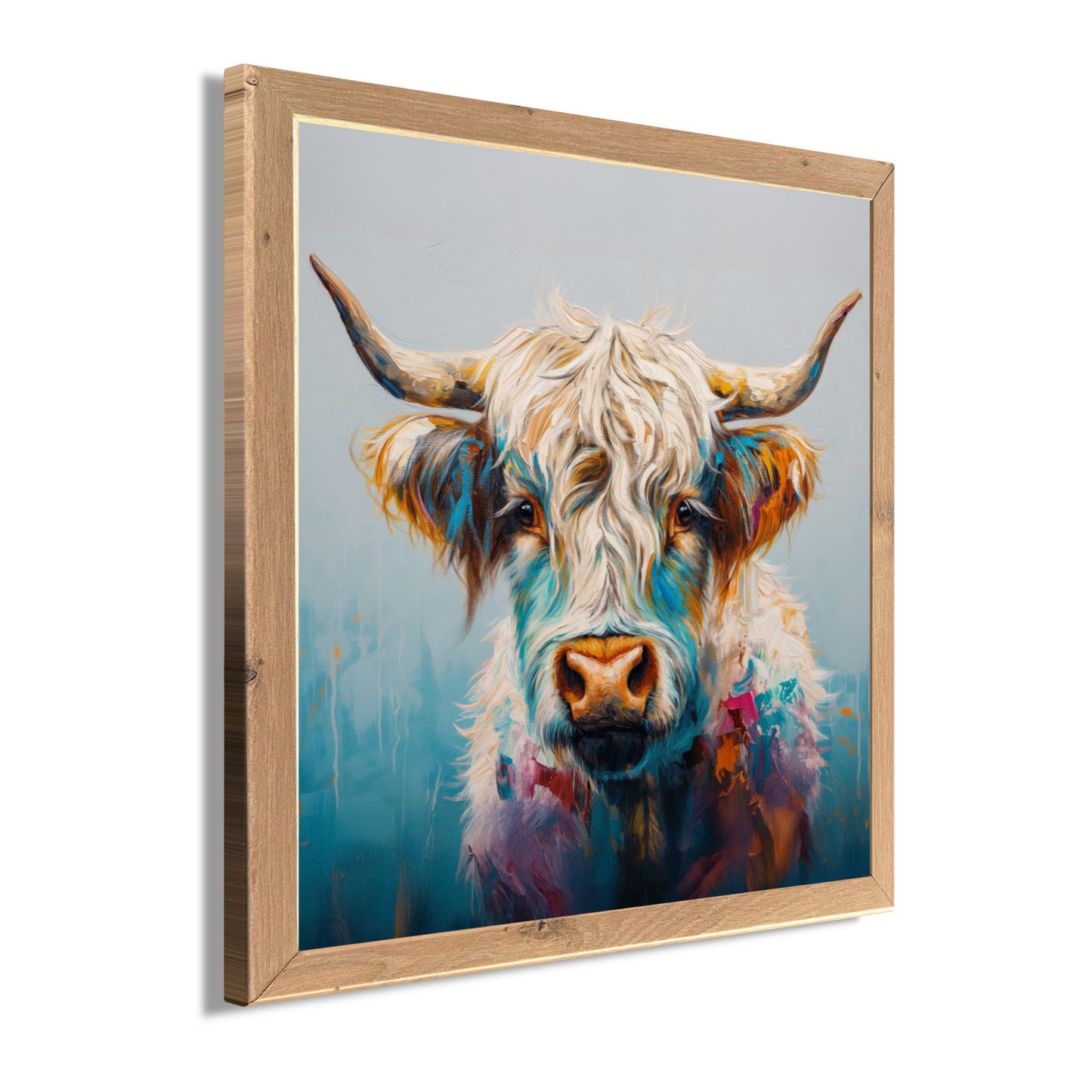 Wandbild gerahmt BUNTES HOCHLANDRIND 35x35 cm – Tierbild Natur Wanddeko modern - Seitenansicht