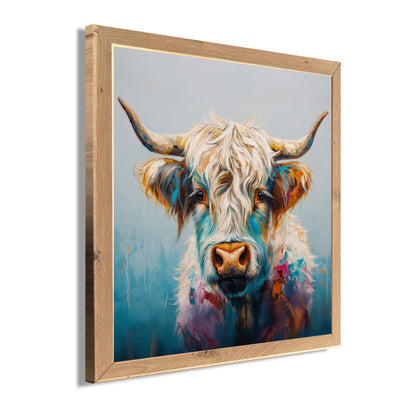 Wandbild gerahmt BUNTES HOCHLANDRIND 35x35 cm – Tierbild Natur Wanddeko modern - Seitenansicht