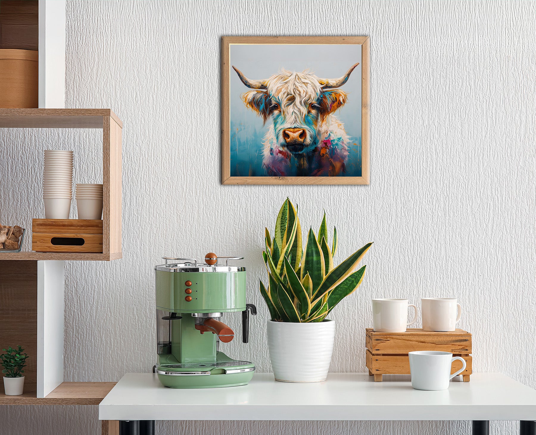 Wandbild gerahmt BUNTES HOCHLANDRIND 35x35 cm – Tierbild Natur Wanddeko modern - Ambiente 1