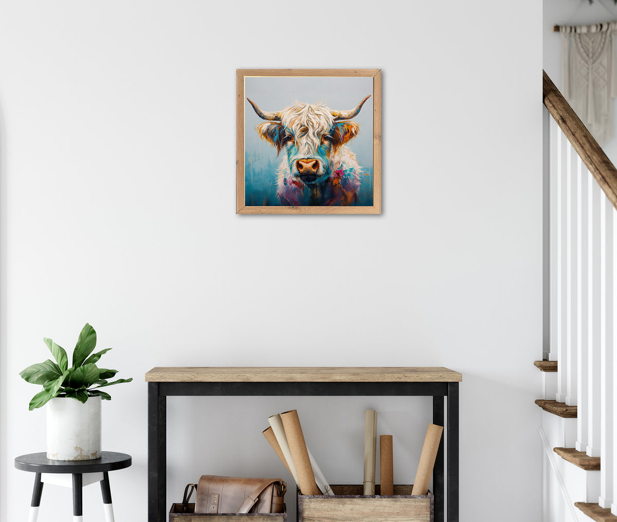 Wandbild gerahmt BUNTES HOCHLANDRIND 35x35 cm – Tierbild Natur Wanddeko modern - Ambiente 2