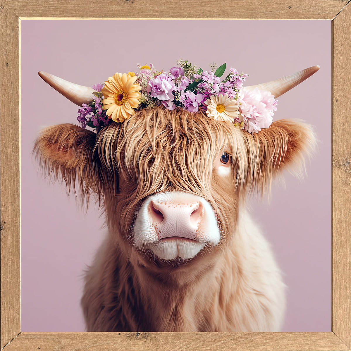 Wandbild gerahmt KUH MIT BLUMENKRANZ 35x35 cm – Tierbild Natur Wanddeko modern