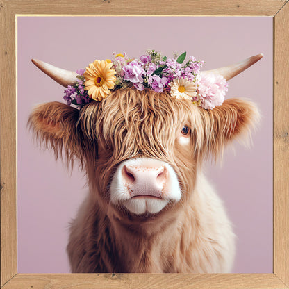 Wandbild gerahmt KUH MIT BLUMENKRANZ 35x35 cm – Tierbild Natur Wanddeko modern