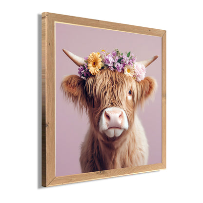 Wandbild gerahmt KUH MIT BLUMENKRANZ 35x35 cm – Tierbild Natur Wanddeko modern - Seitenansicht